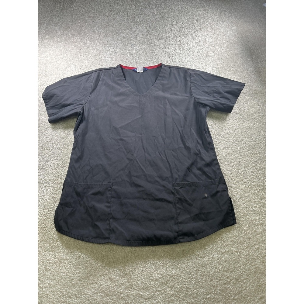 Nu‎ Dimension Scrub Top Womens Large Black V-Neck Stretch Two Pocket Uniform
